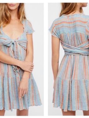 Free People Striped Tie-Front Mini Dress in Light Blue and Peach